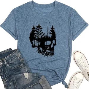 Womens Halloween Shirts Vintage Graphic Tees Funny Ghost Printed Cute Tops Casual Loose Fit Shirts Skull Teen Girl Clothes