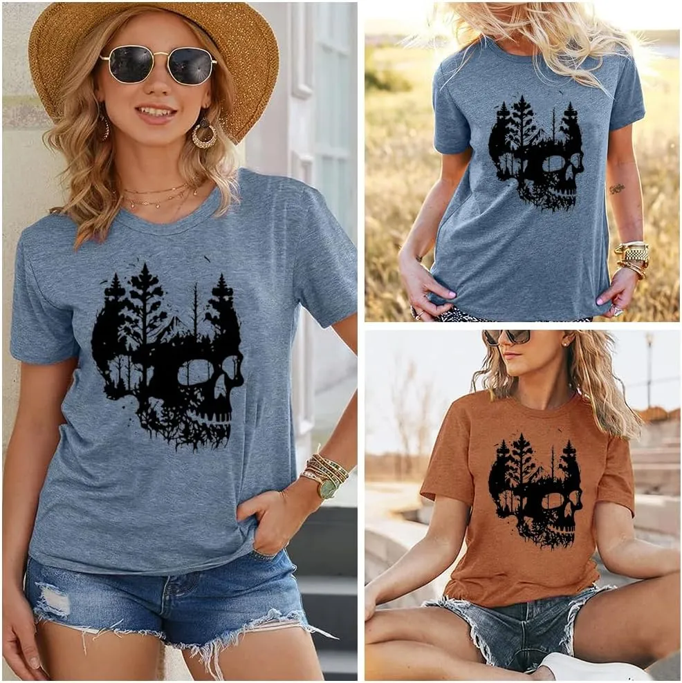 Womens Halloween Shirts Vintage Graphic Tees Funny Ghost Printed Cute Tops Casual Loose Fit Shirts Skull Teen Girl Clothes