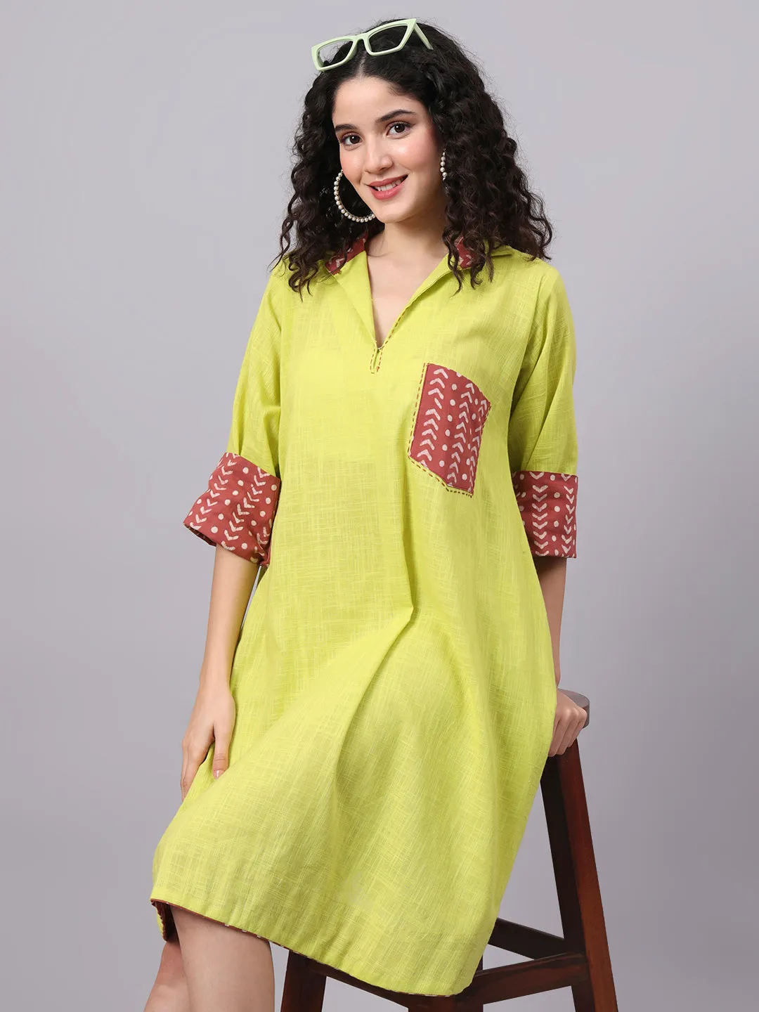 Womens Lime Green Collared A-Line Cotton Dress | The Saffron Saga