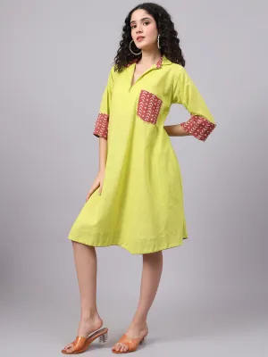 Womens Lime Green Collared A-Line Cotton Dress | The Saffron Saga