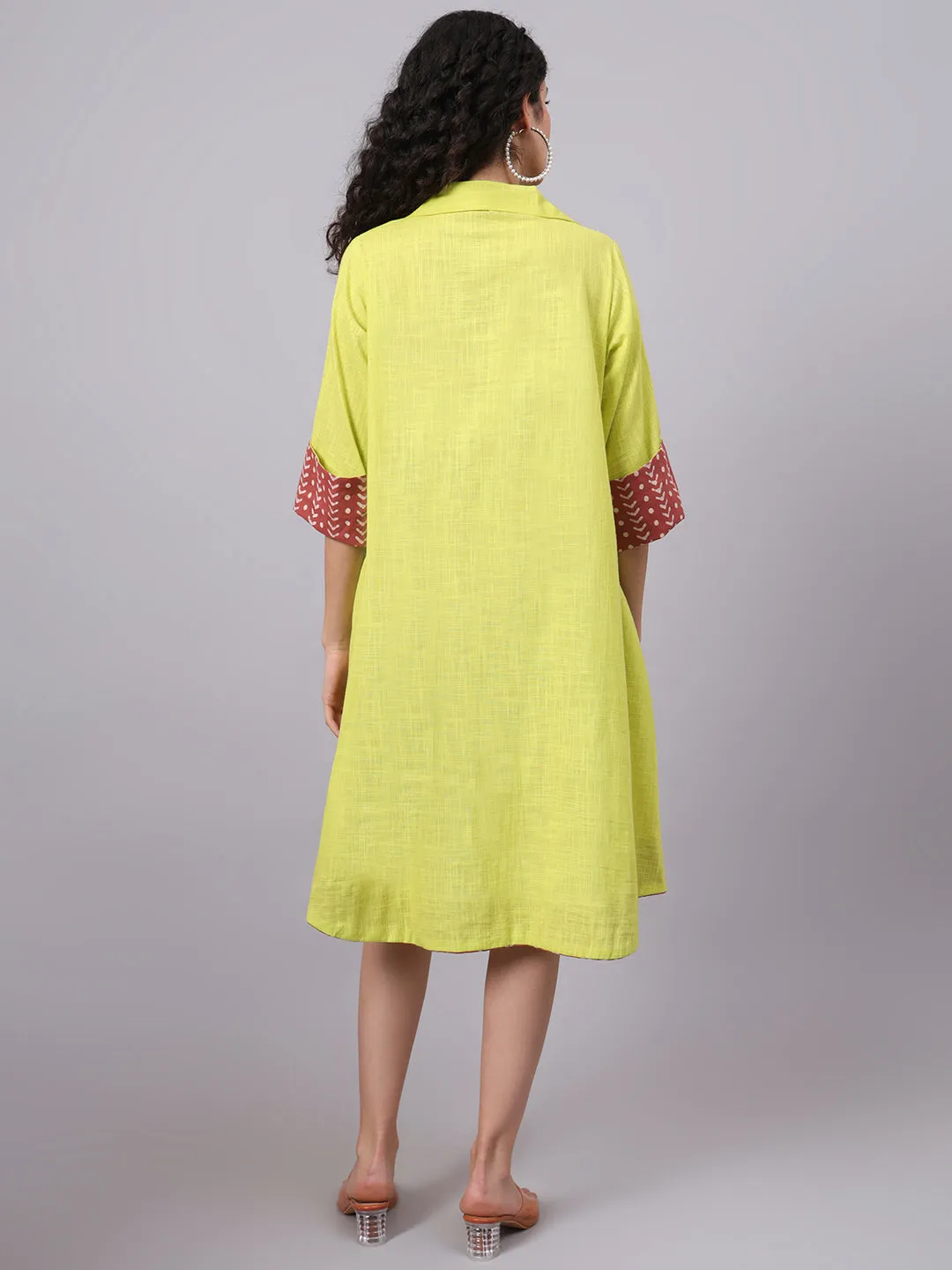 Womens Lime Green Collared A-Line Cotton Dress | The Saffron Saga