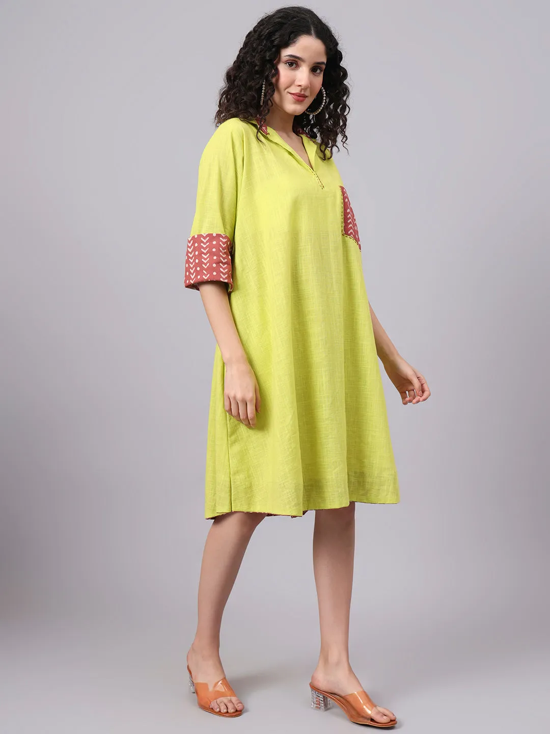 Womens Lime Green Collared A-Line Cotton Dress | The Saffron Saga