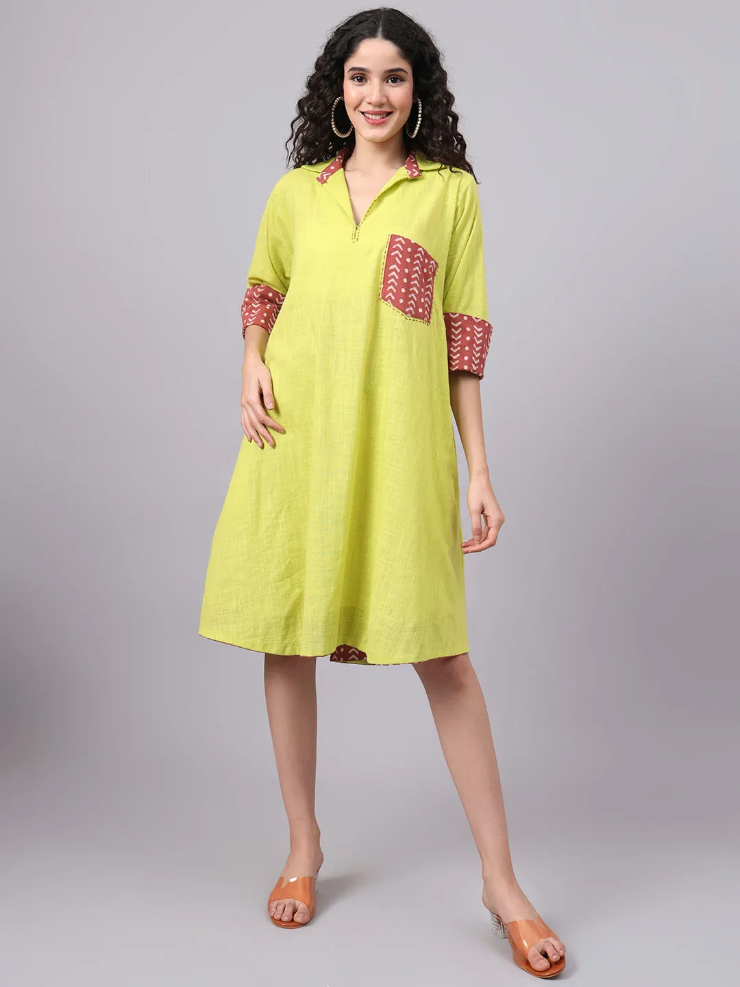 Womens Lime Green Collared A-Line Cotton Dress | The Saffron Saga