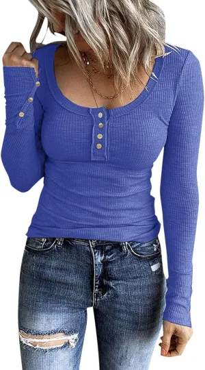 Womens Long Sleeve Henley Shirts 2024 Fall Fashion U Neck Basic Button Up Shirts Casual Comfy Slim Fit Pullover Tops