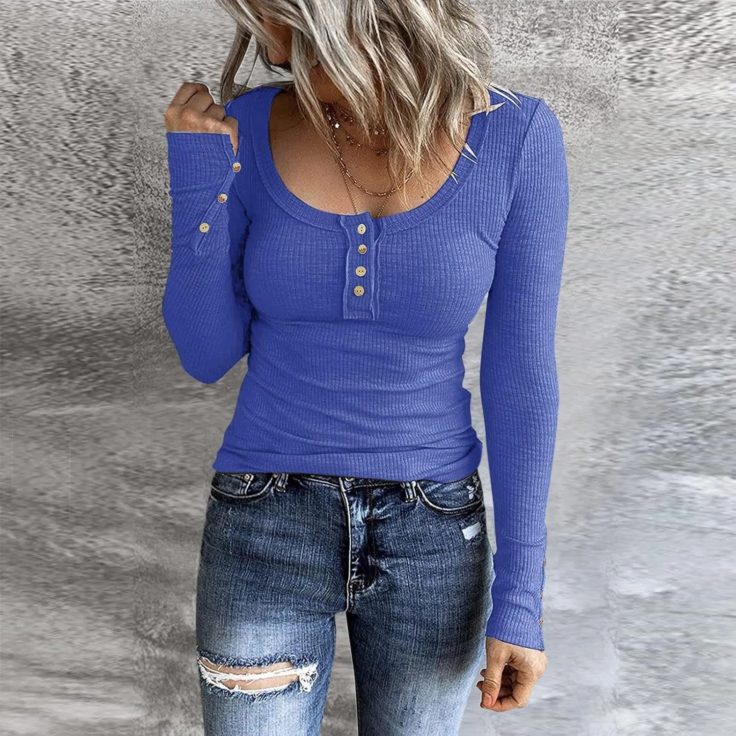 Womens Long Sleeve Henley Shirts 2024 Fall Fashion U Neck Basic Button Up Shirts Casual Comfy Slim Fit Pullover Tops