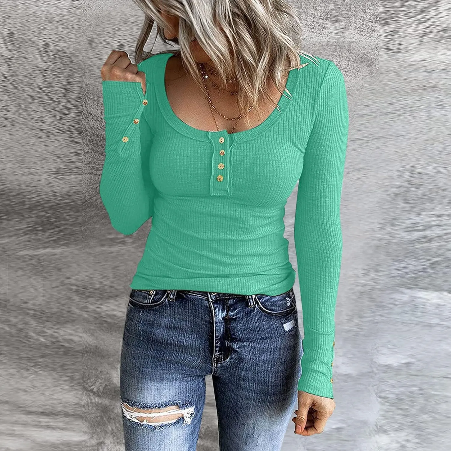 Womens Long Sleeve Henley Shirts 2024 Fall Fashion U Neck Basic Button Up Shirts Casual Comfy Slim Fit Pullover Tops