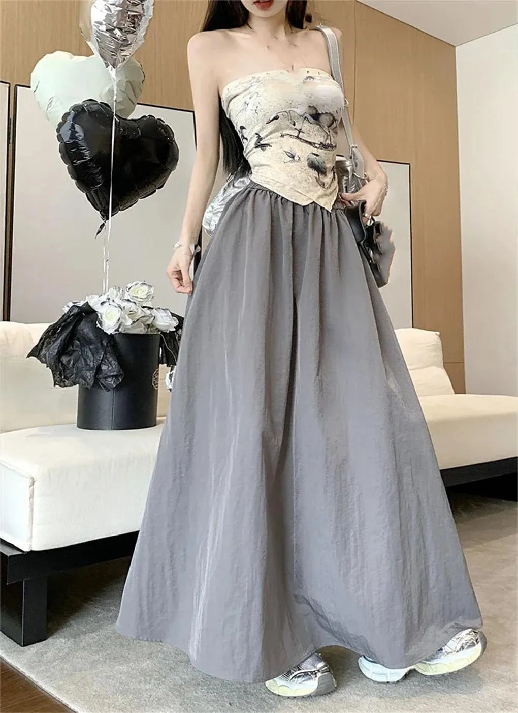 Womens Loose Elastic High Waist Midi Skirts Chic Women Pockets A-Line Long Skirts