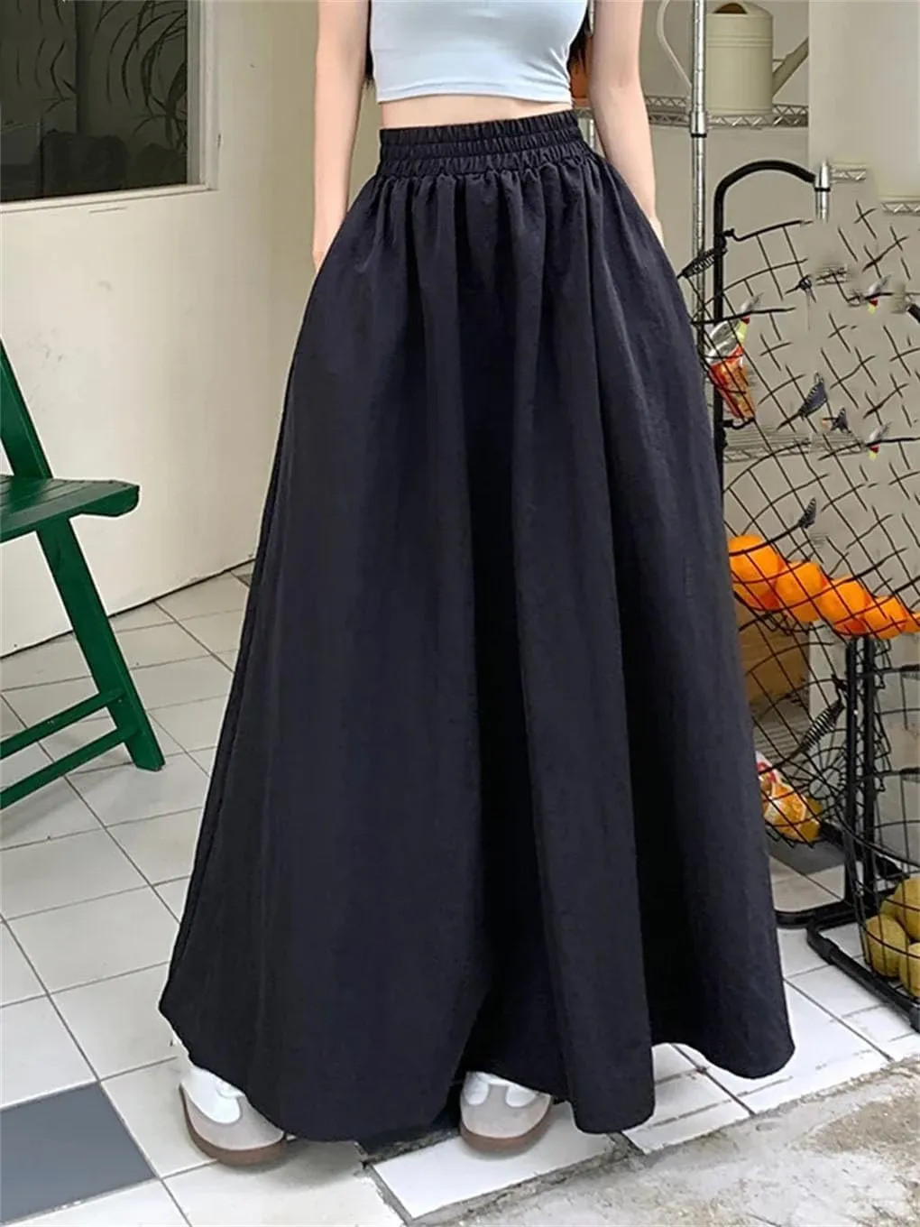 Womens Loose Elastic High Waist Midi Skirts Chic Women Pockets A-Line Long Skirts