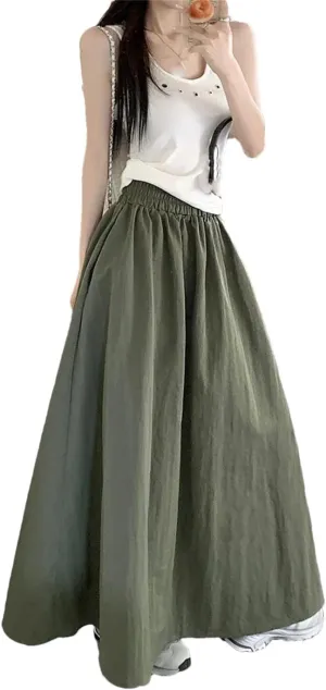 Womens Loose Elastic High Waist Midi Skirts Chic Women Pockets A-Line Long Skirts