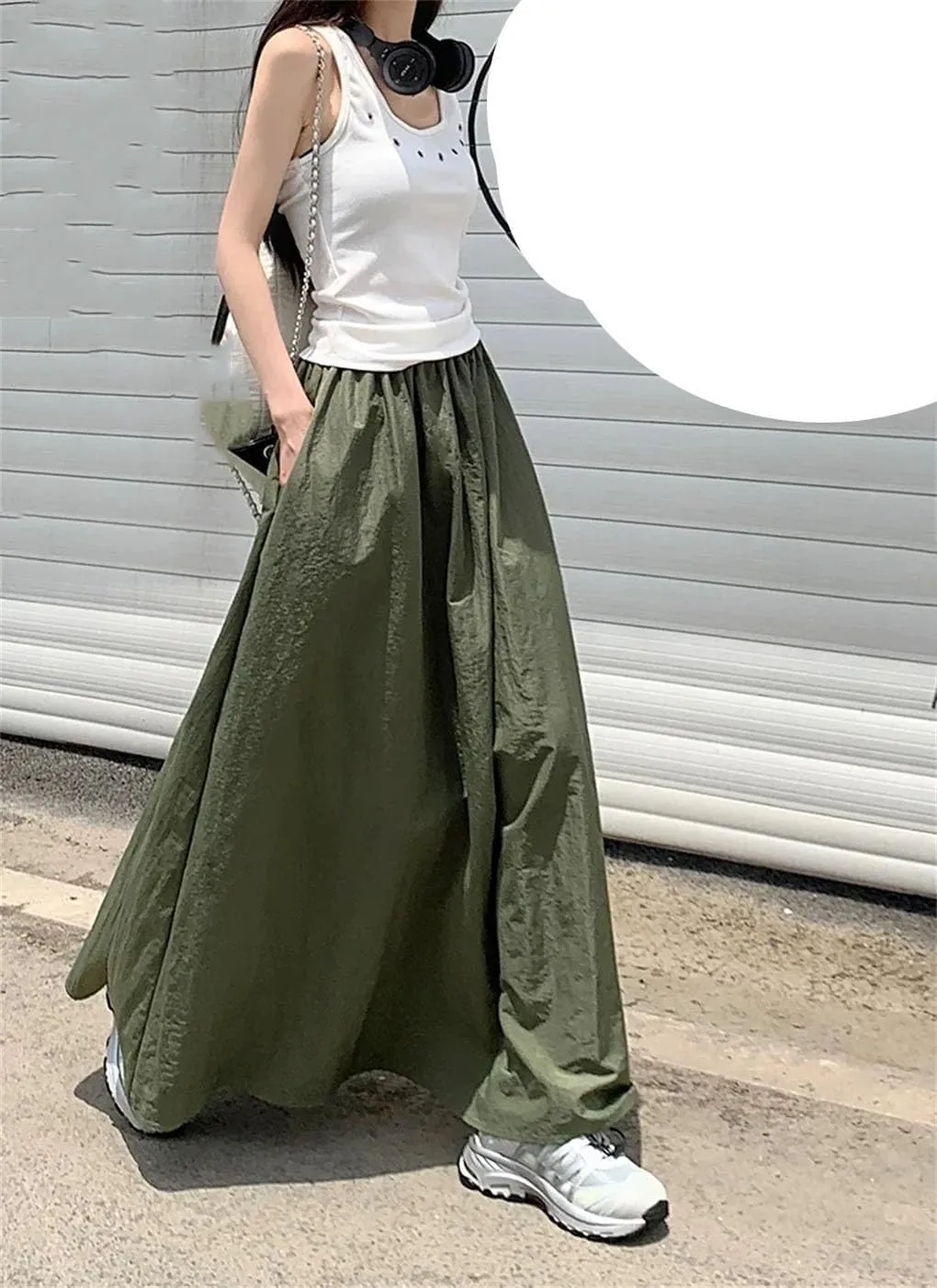 Womens Loose Elastic High Waist Midi Skirts Chic Women Pockets A-Line Long Skirts