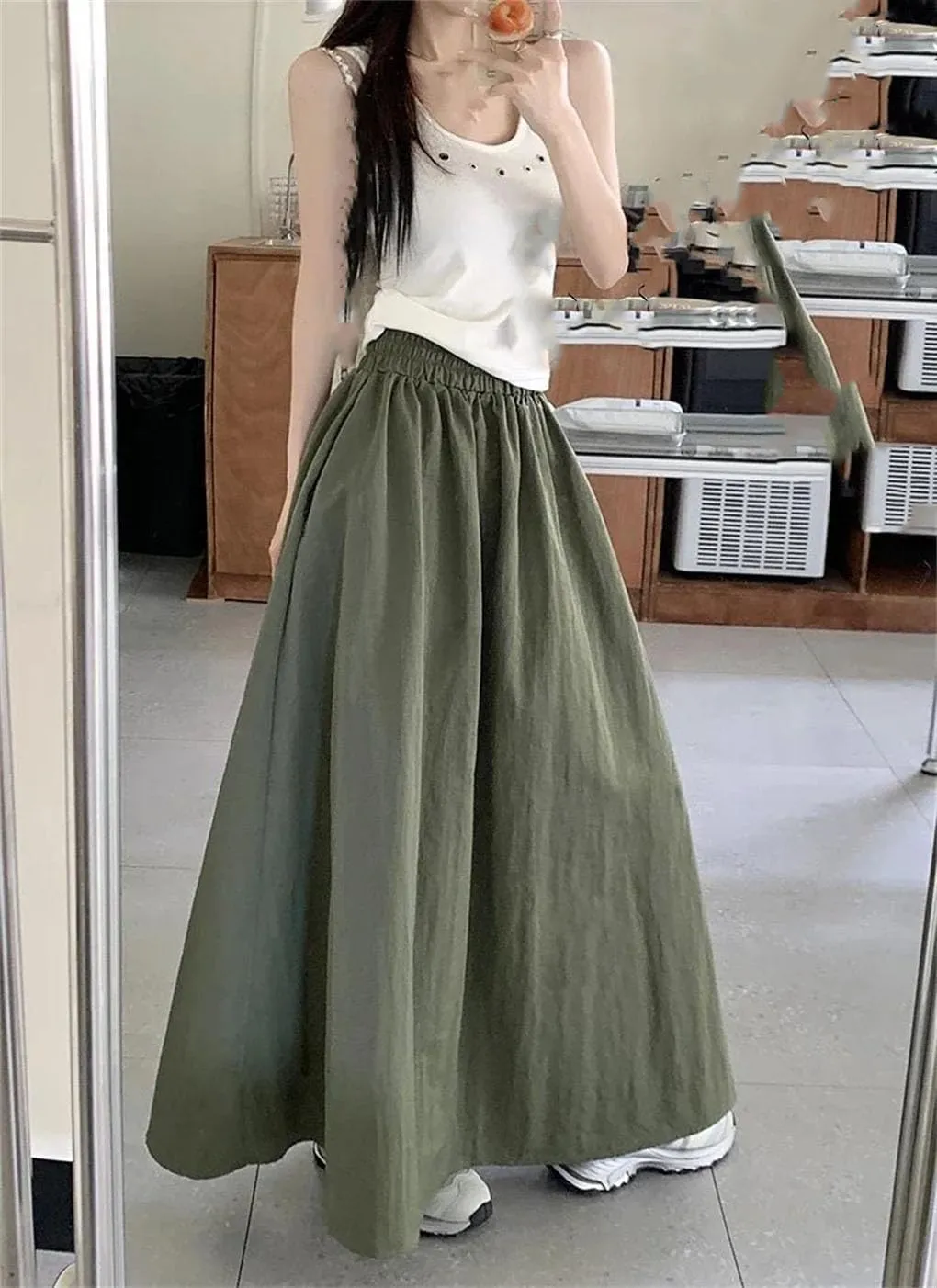 Womens Loose Elastic High Waist Midi Skirts Chic Women Pockets A-Line Long Skirts