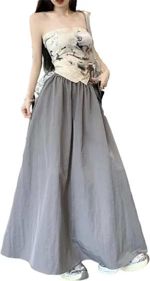 Womens Loose Elastic High Waist Midi Skirts Chic Women Pockets A-Line Long Skirts