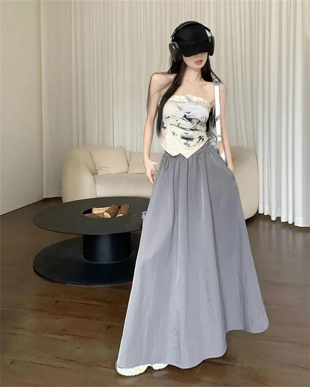 Womens Loose Elastic High Waist Midi Skirts Chic Women Pockets A-Line Long Skirts
