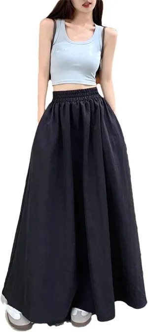 Womens Loose Elastic High Waist Midi Skirts Chic Women Pockets A-Line Long Skirts