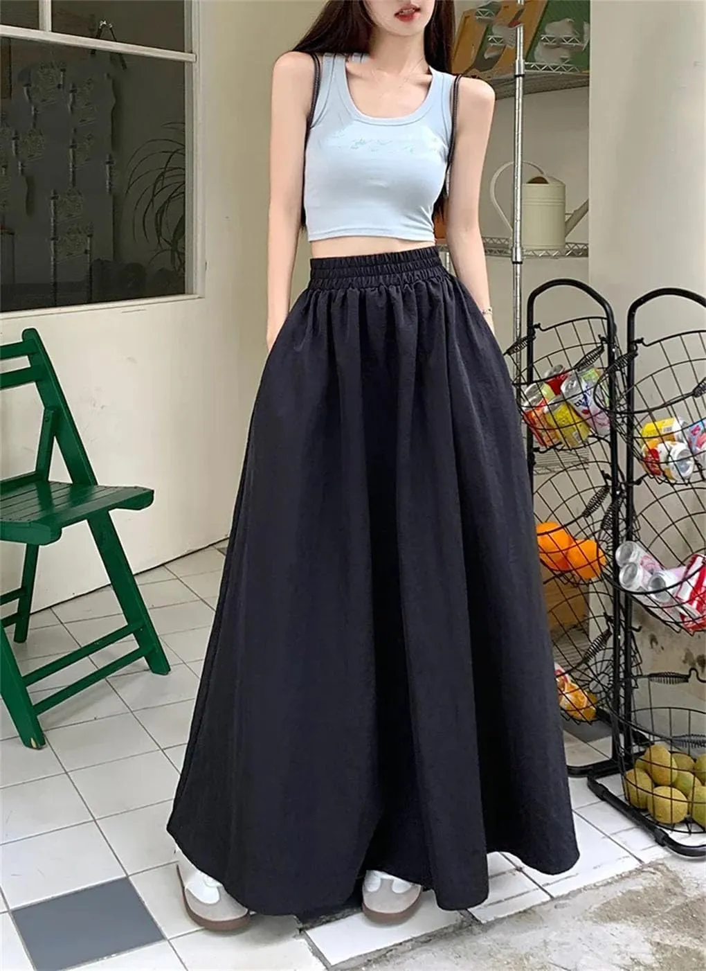 Womens Loose Elastic High Waist Midi Skirts Chic Women Pockets A-Line Long Skirts