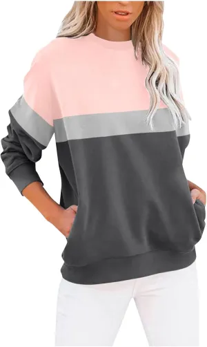 Women's Oversized Color Pullover Sweatshirts,2024 Winter Crew Neck Long Sleeve Tunic,Cute Trendy Comfy Clothes