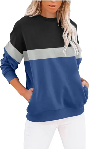 Women's Oversized Color Pullover Sweatshirts,2024 Winter Crew Neck Long Sleeve Tunic,Cute Trendy Comfy Clothes