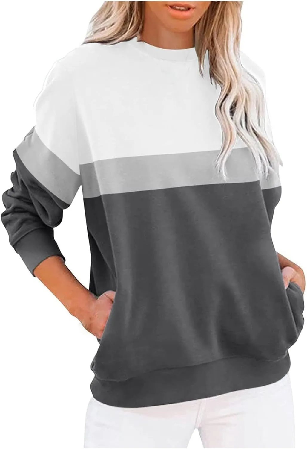 Women's Oversized Color Pullover Sweatshirts,2024 Winter Crew Neck Long Sleeve Tunic,Cute Trendy Comfy Clothes