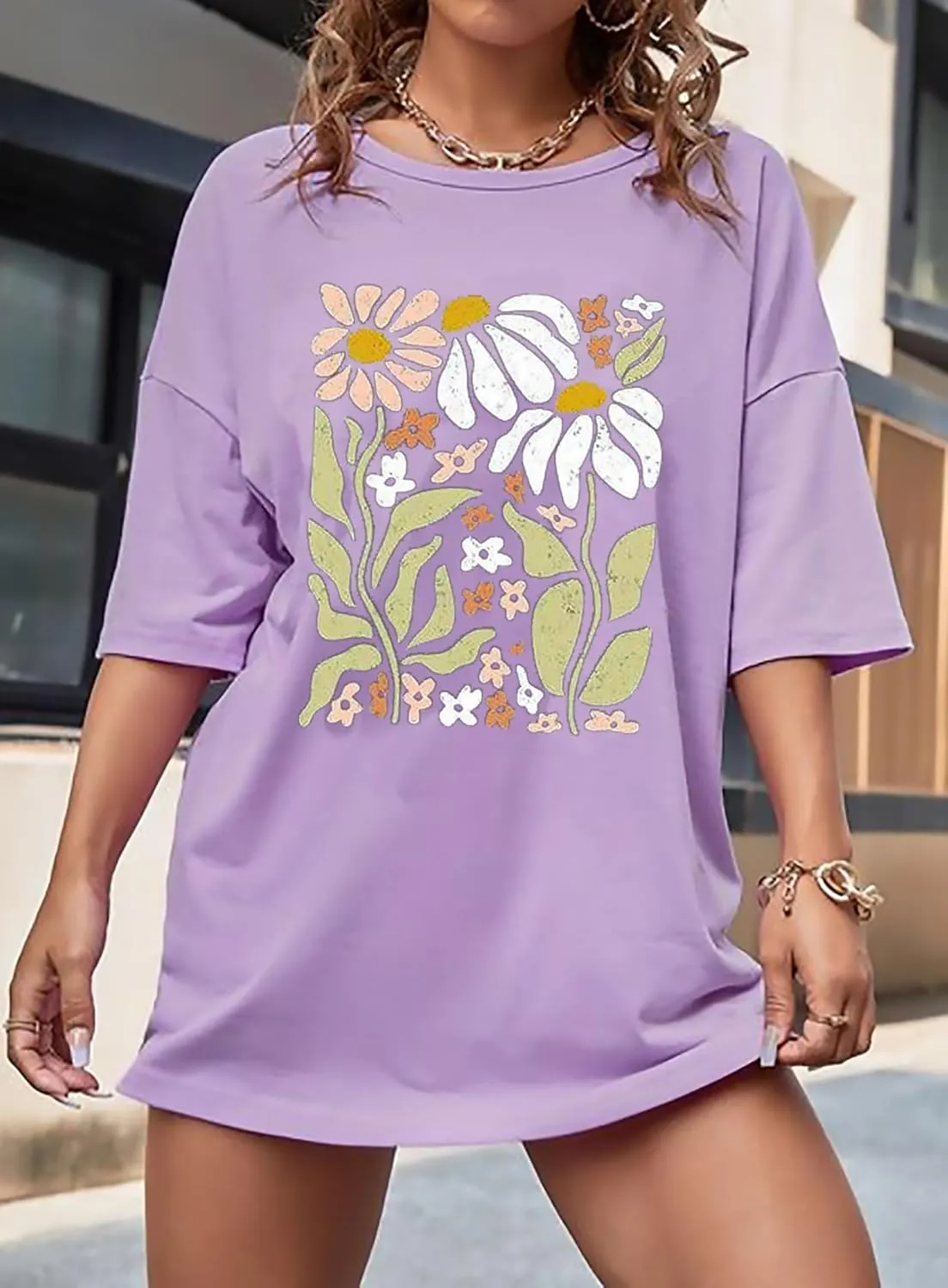Women's Oversized Flowers Graphic Tees Boho Wildflowers Shirts Botanical Floral Casual T-Shirt Tops
