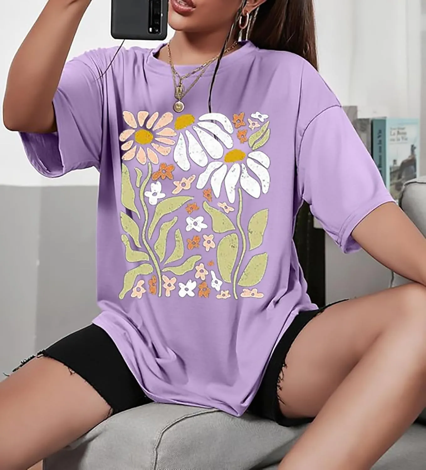 Women's Oversized Flowers Graphic Tees Boho Wildflowers Shirts Botanical Floral Casual T-Shirt Tops
