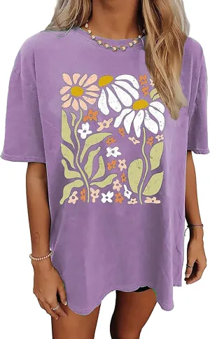 Women's Oversized Flowers Graphic Tees Boho Wildflowers Shirts Botanical Floral Casual T-Shirt Tops