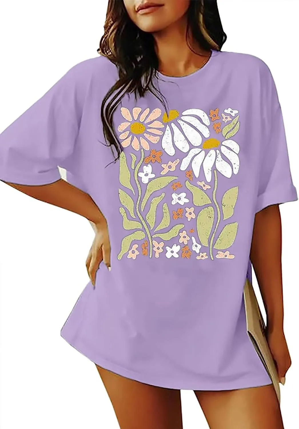Women's Oversized Flowers Graphic Tees Boho Wildflowers Shirts Botanical Floral Casual T-Shirt Tops