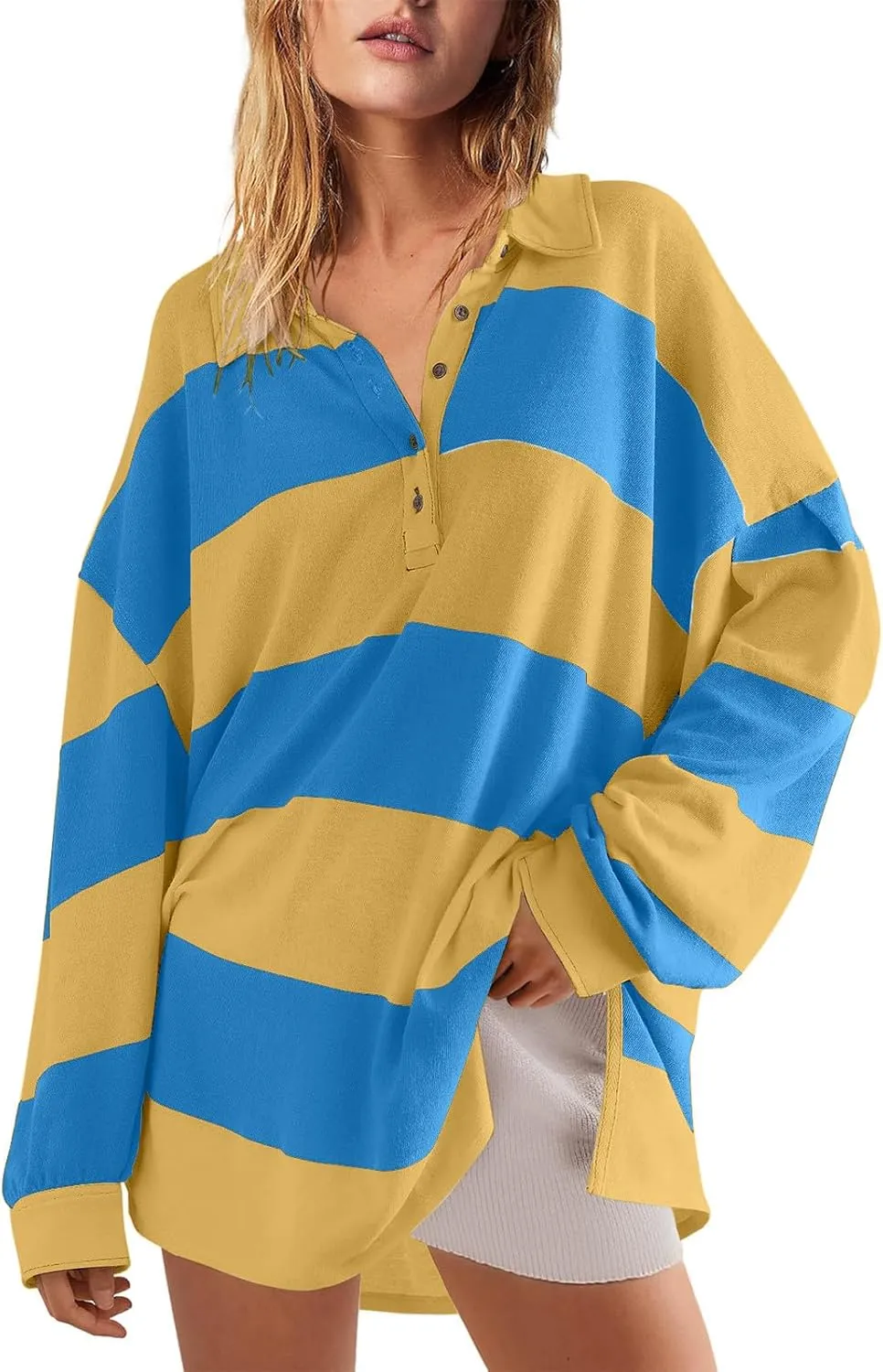 Women's Oversized Sweatshirt Button Striped Graphic Print Pullover Tops Casual Comfy Fashion Sweatshirts