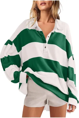 Women's Oversized Sweatshirt Button Striped Graphic Print Pullover Tops Casual Comfy Fashion Sweatshirts