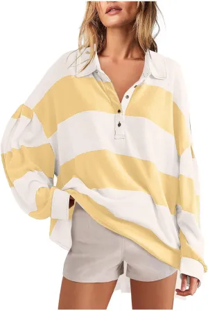 Women's Oversized Sweatshirt Button Striped Graphic Print Pullover Tops Casual Comfy Fashion Sweatshirts