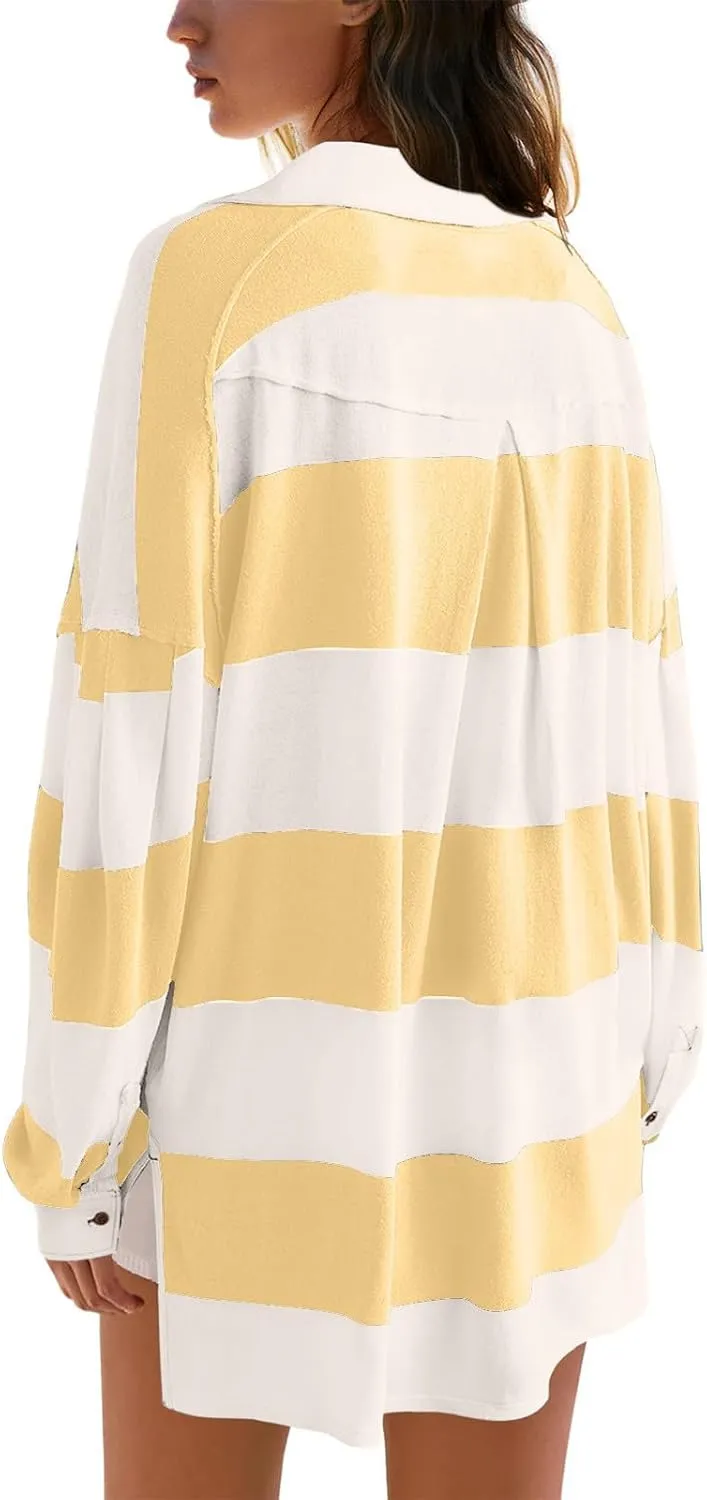 Women's Oversized Sweatshirt Button Striped Graphic Print Pullover Tops Casual Comfy Fashion Sweatshirts