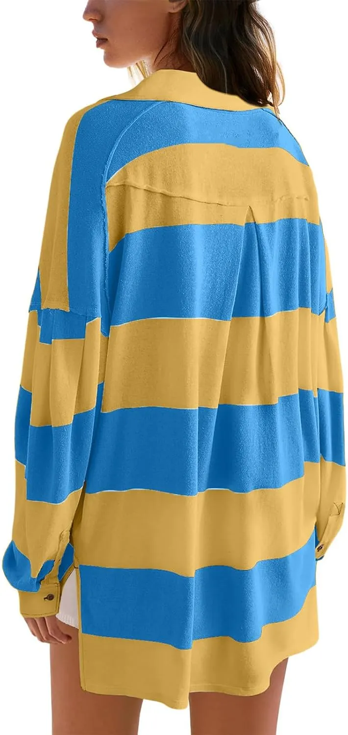 Women's Oversized Sweatshirt Button Striped Graphic Print Pullover Tops Casual Comfy Fashion Sweatshirts