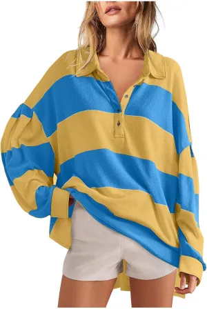 Women's Oversized Sweatshirt Button Striped Graphic Print Pullover Tops Casual Comfy Fashion Sweatshirts