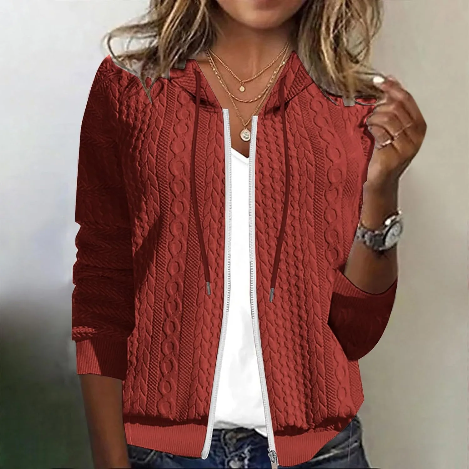 Women's Oversized Zip Up Hoodies Casual Loose Comfy Cardigan Cable Knit Fall Jackets Solid Color Hooded Sweatshirts