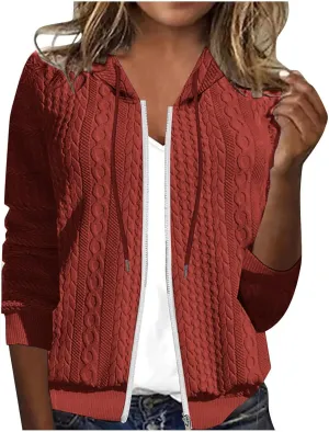 Women's Oversized Zip Up Hoodies Casual Loose Comfy Cardigan Cable Knit Fall Jackets Solid Color Hooded Sweatshirts