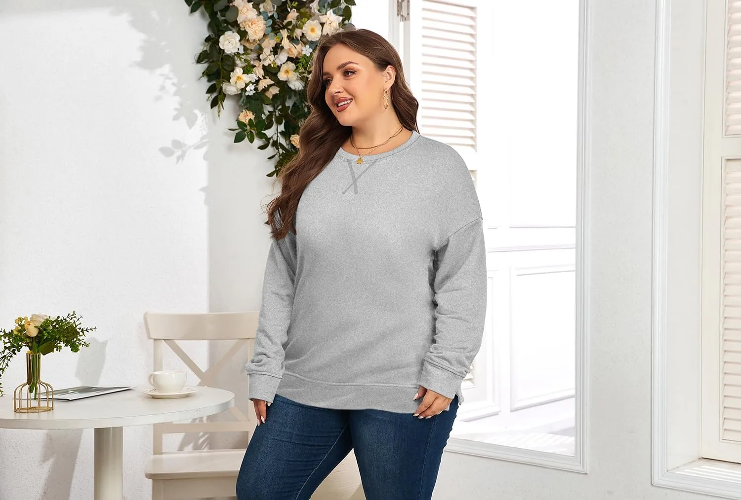 Women's Plus Size Casual Crew Neck Sweatshirt Loose Soft Long Sleeve Pullover Tops XL-5XL