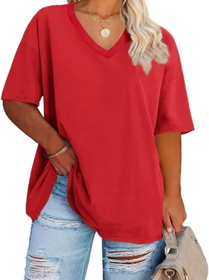 Women's Plus Size V Neck T Shirts Summer Half Sleeve Tees Casual Loose Fit Cotton Tunic Tops