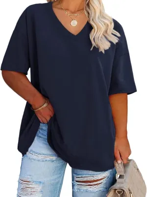 Women's Plus Size V Neck T Shirts Summer Half Sleeve Tees Casual Loose Fit Cotton Tunic Tops