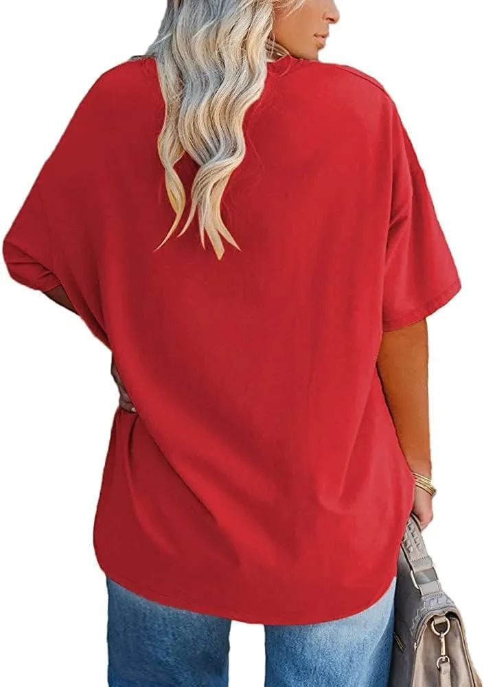 Women's Plus Size V Neck T Shirts Summer Half Sleeve Tees Casual Loose Fit Cotton Tunic Tops