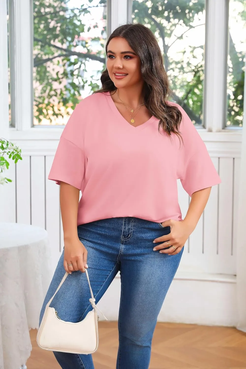 Women's Plus Size V Neck T Shirts Summer Half Sleeve Tees Casual Loose Fit Cotton Tunic Tops