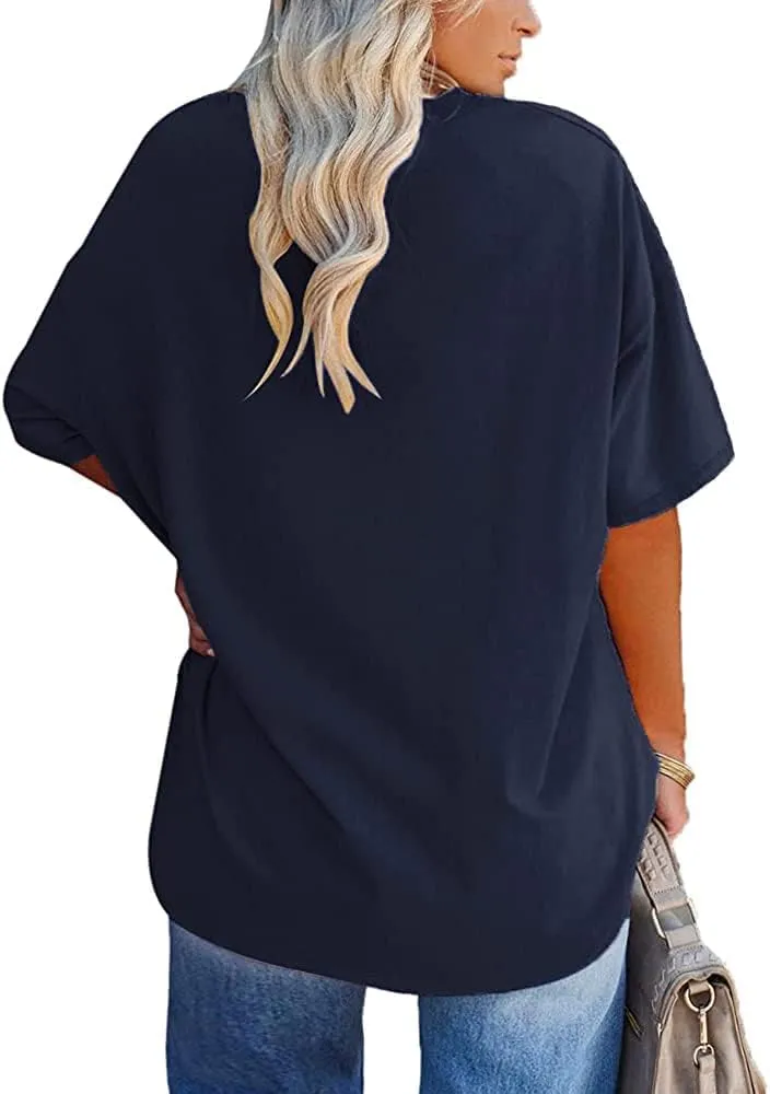 Women's Plus Size V Neck T Shirts Summer Half Sleeve Tees Casual Loose Fit Cotton Tunic Tops