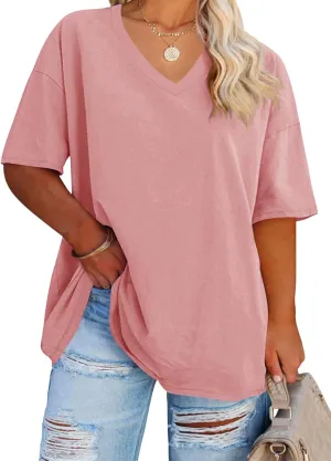 Women's Plus Size V Neck T Shirts Summer Half Sleeve Tees Casual Loose Fit Cotton Tunic Tops