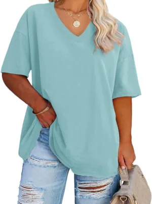 Women's Plus Size V Neck T Shirts Summer Half Sleeve Tees Casual Loose Fit Cotton Tunic Tops