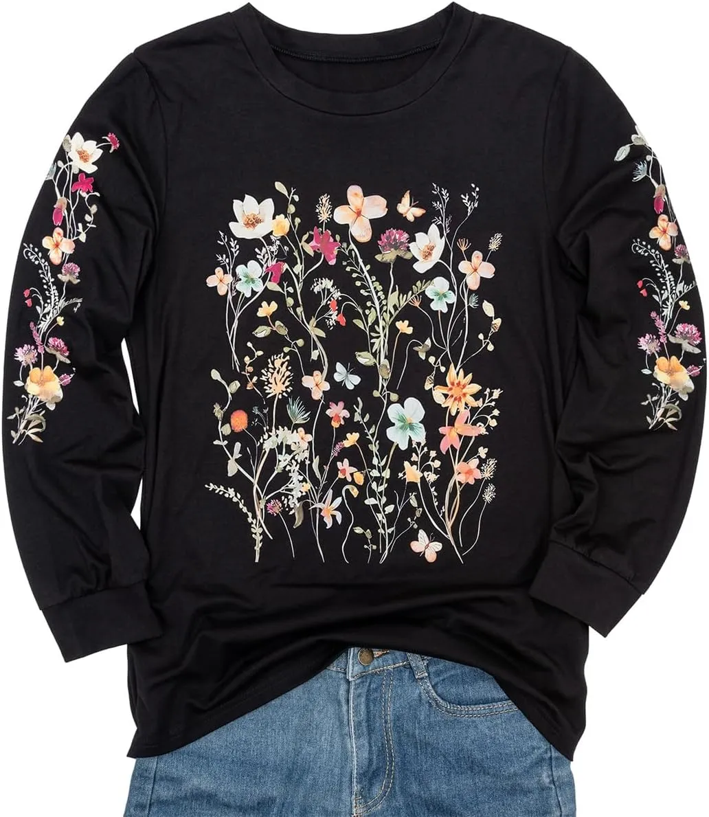 Women's Sleeve Print Flowers T-Shirt Casual Long Sleeve Boho Wildflowers Vintage Botanical Floral Nature Tees Tops