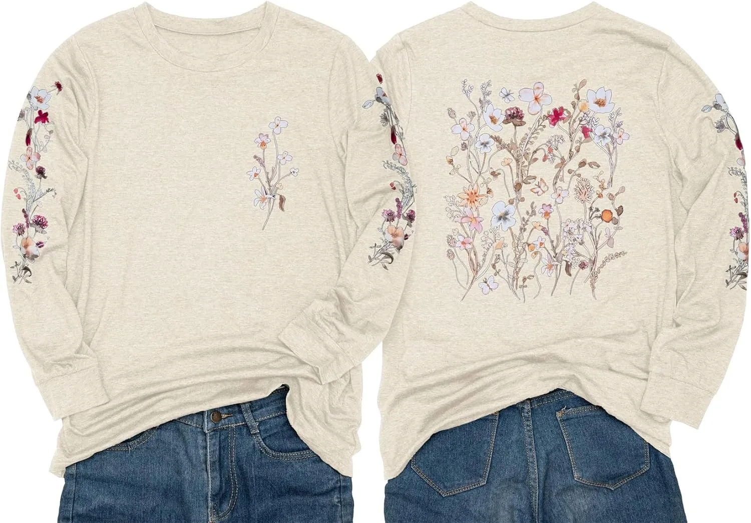 Women's Sleeve Print Flowers T-Shirt Casual Long Sleeve Boho Wildflowers Vintage Botanical Floral Nature Tees Tops