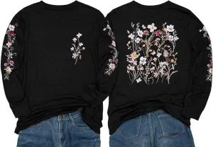 Women's Sleeve Print Flowers T-Shirt Casual Long Sleeve Boho Wildflowers Vintage Botanical Floral Nature Tees Tops