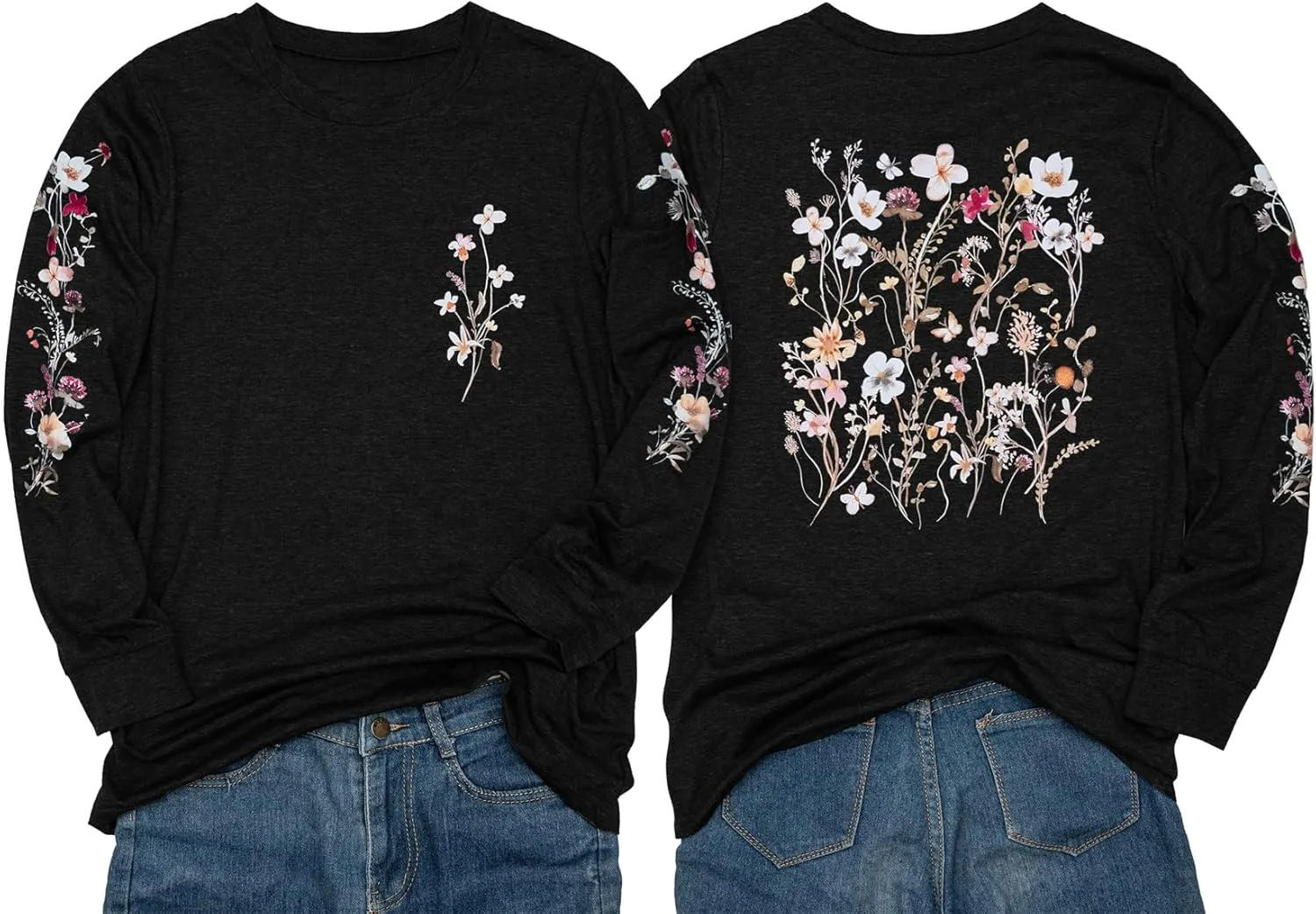 Women's Sleeve Print Flowers T-Shirt Casual Long Sleeve Boho Wildflowers Vintage Botanical Floral Nature Tees Tops