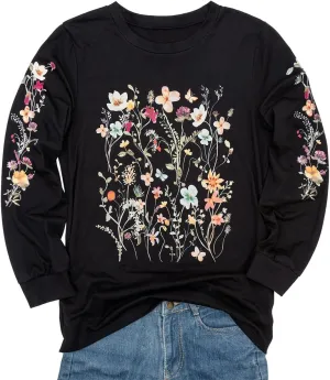 Women's Sleeve Print Flowers T-Shirt Casual Long Sleeve Boho Wildflowers Vintage Botanical Floral Nature Tees Tops