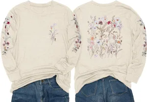 Women's Sleeve Print Flowers T-Shirt Casual Long Sleeve Boho Wildflowers Vintage Botanical Floral Nature Tees Tops