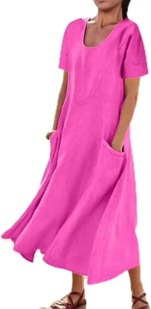 Women's Summer Dress Casual Short Sleeve Flowy with Pockets Comfortable Loose Outdoor Dressy Scoop Neck Clothes 2025