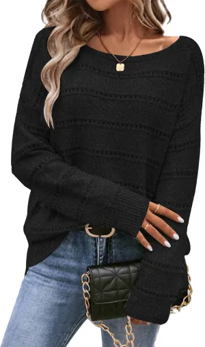 Women's Sweater Soft Boat Neck Hollow Out Long Sleeve Sweater Top Crochet Knit Tops